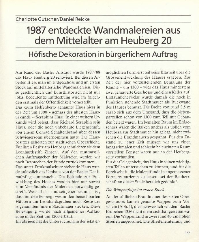 1987 entdeckte Wandmalereien aus dem Mittelalter am Heuberg 20. Höfische Dekoration in bürgerlichem Auftrag – Seite 1
