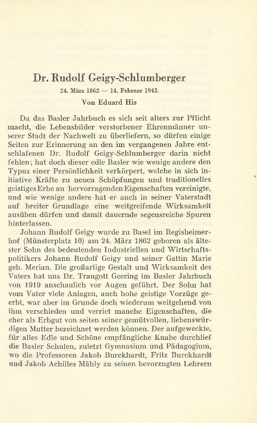 Dr. Rudolf Geigy-Schlumberger 24. März 1862 bis 14. Februar 1943 – Seite 1