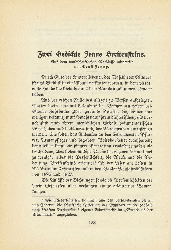 Zwei Gedichte Jonas Breitensteins. Aus dem handschriftlichen Nachlasse – Seite 1