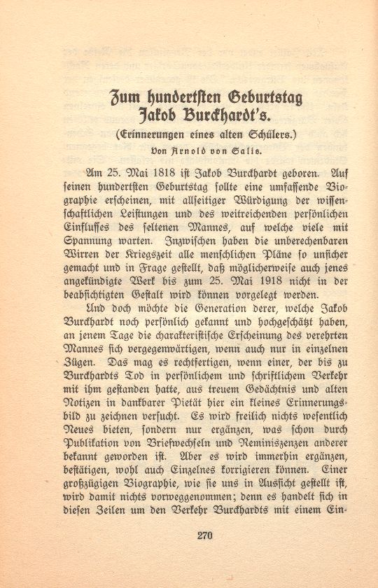Zum hundertsten Geburtstag Jakob Burckhardts – Seite 1
