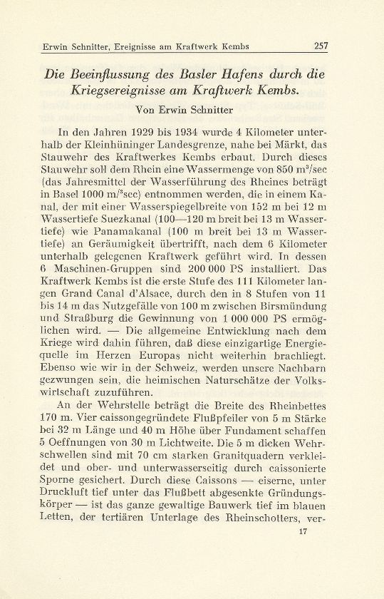 Zur Zeitgeschichte. Die Beeinflussung des Basler Hafens durch die Kriegsereignisse am Kraftwerk Kembs – Seite 1
