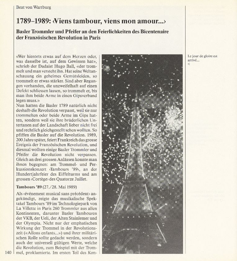 1789-1989: ‹Viens tambour, viens mon amour...› Basler Trommler und Pfeifer an den Feierlichkeiten des Bicentenaire der Französischen Revolution in Paris – Seite 1