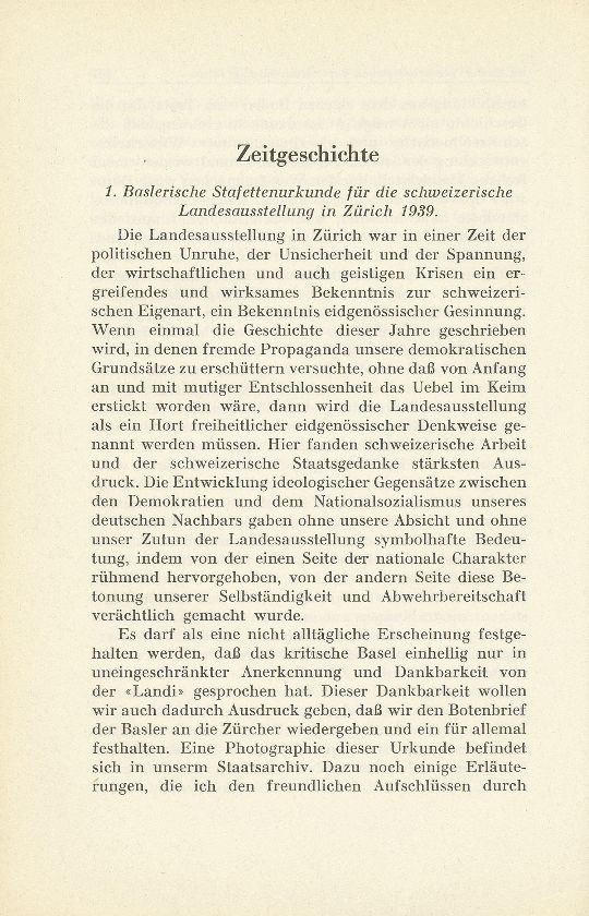Zeitgeschichte: 1. Baslerische Stafettenurkunde für die Schweizerische Landesausstellung in Zürich 1939 – Seite 1