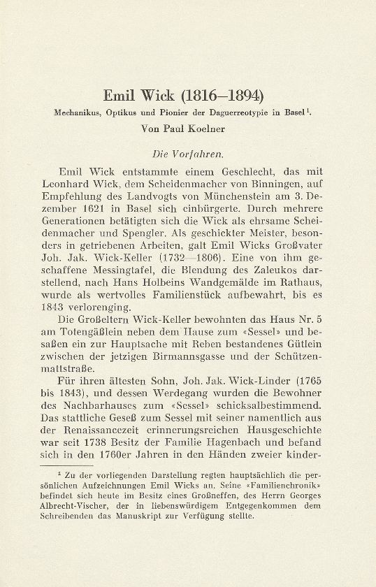 Emil Wick (1816-1894). Mechanikus, Optikus und Pionier der Daguerrotypie in Basel – Seite 1