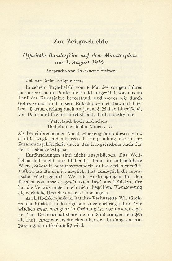 Zur Zeitgeschichte. Offizielle Bundesfeier auf dem Münsterplatz am 1. August 1946 [Ansprache] – Seite 1