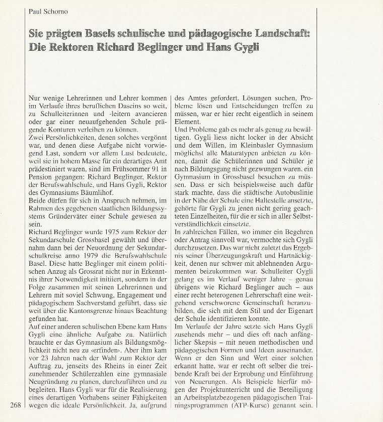 Sie prägten Basels schulische und pädagogische Landschaft: Die Rektoren Richard Beglinger und Hans Gygli – Seite 1