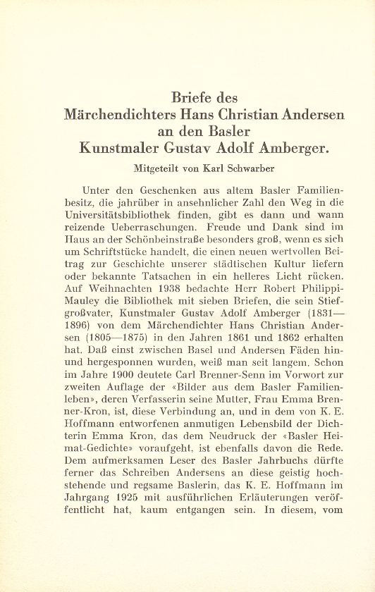 Briefe des Märchendichters Hans Christian Andersen an den Basler Kunstmaler Gustav Adolf Amberger – Seite 1
