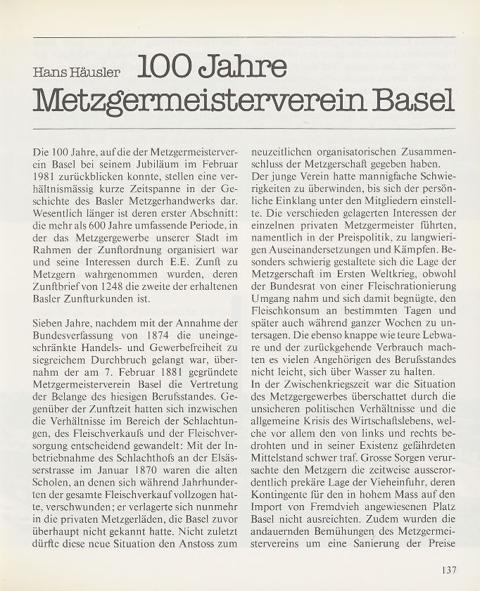 100 Jahre Metzgermeisterverein Basel – Seite 1