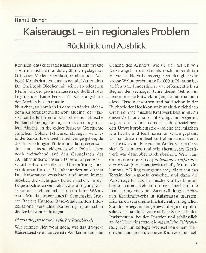 Kaiseraugst – ein regionales Problem. Rückblick und Ausblick – Seite 1