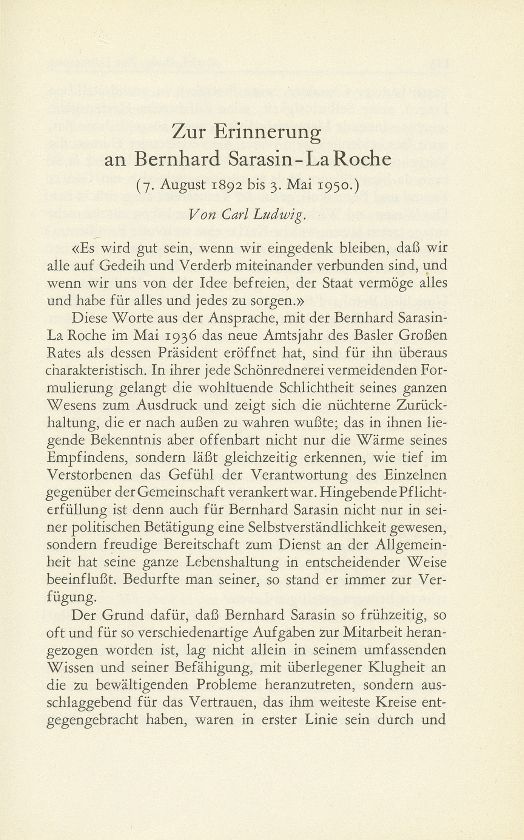 Zur Erinnerung an Bernhard Sarasin-La Roche (7. August 1892 bis 3. Mai 1950) – Seite 1