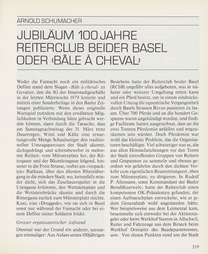 Jubiläum 100 Jahre Reiterclub beider Basel oder ‹Bâle à cheval› – Seite 1